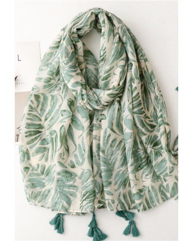 Foulard femme en coton coloris vert pâle imprimé feuilles - Chapo & Co