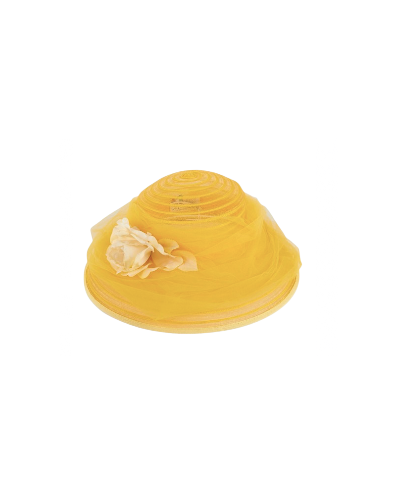 Chapeau de cérémonie jaune soleil avec fleur ivoire made in Italie
