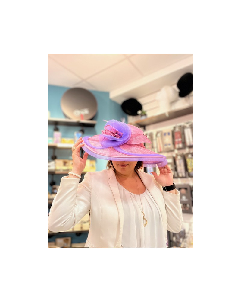 Chapeau de cérémonie rose et violet avec voilage made in Italie