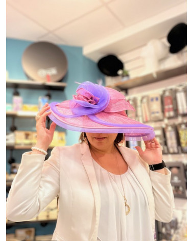 Chapeau de cérémonie rose et violet avec voilage made in Italie