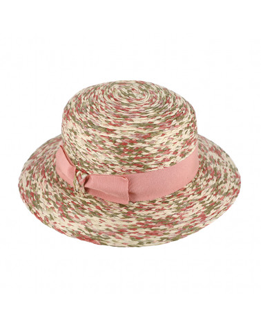 Chapeau cloche en paille tressée multicolore – Bandeau rose noué – Chapo & Co