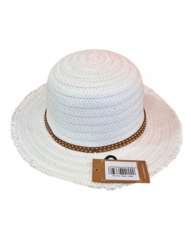Capeline bord court en paille papier coloris blanc et ceinture camel - Chapo & Co