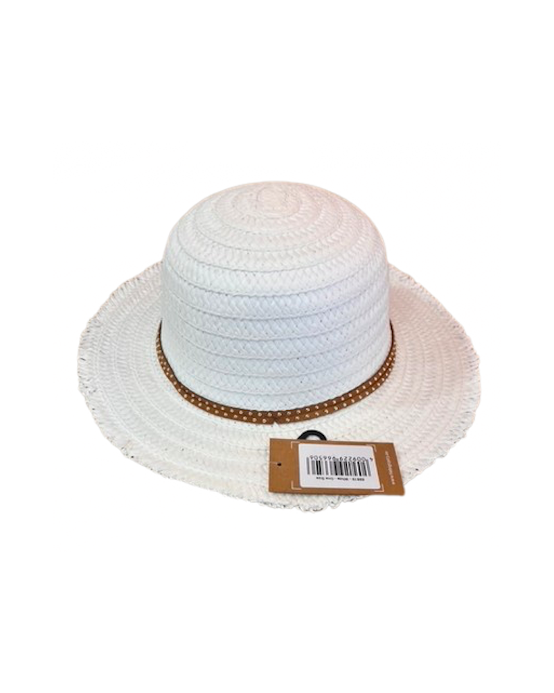 Capeline bord court en paille papier coloris blanc et ceinture camel - Chapo & Co