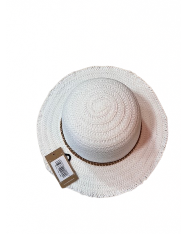 Capeline bord court en paille papier coloris blanc et ceinture camel - Chapo & Co
