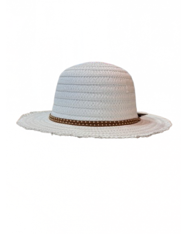 Capeline bord court en paille papier coloris blanc et ceinture camel - Chapo & Co