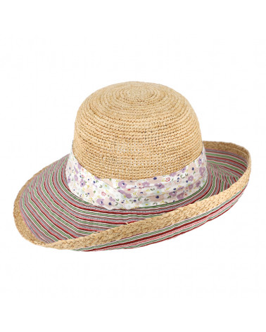Chapeau forme cloche en Raffia crocheté et tissu rayures mauve - Chapo & Co