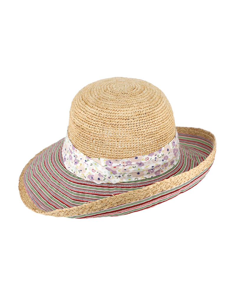 Chapeau forme cloche en Raffia crocheté et tissu rayures mauve - Chapo & Co
