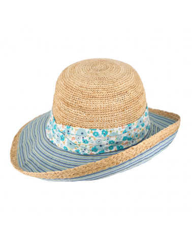Chapeau forme cloche en Raffia crocheté et tissu rayures bleu Aqua - Chapo & Co