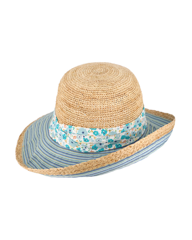 Chapeau forme cloche en Raffia crocheté et tissu rayures bleu Aqua - Chapo & Co