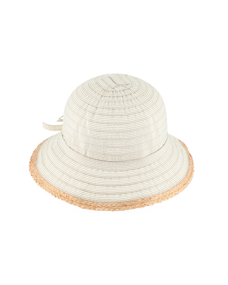 Chapeau Cloche Rayé gris perle et Blanc avec Nœud – Style Marin Estival Féminin