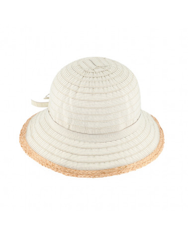 Chapeau Cloche Rayé gris perle et Blanc avec Nœud – Style Marin Estival Féminin