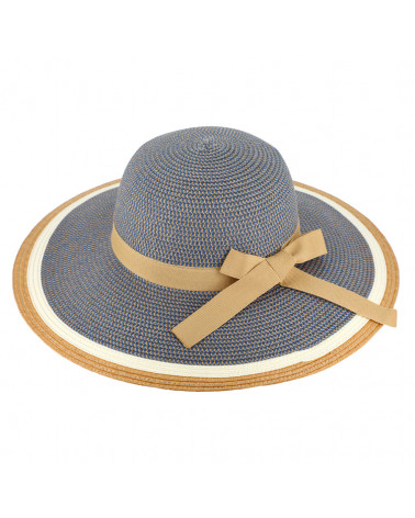 Capeline en paille papier avec noeud chic camel coloris bleu jean - Chapo & Co