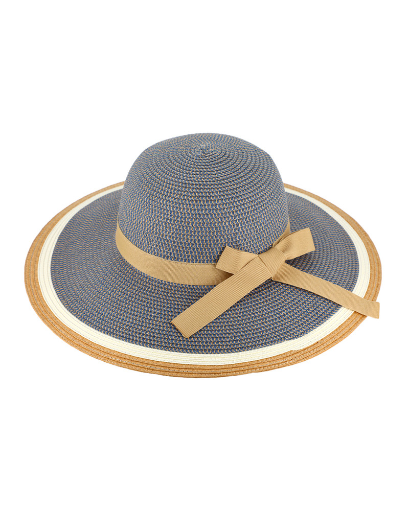 Capeline en paille papier avec noeud chic camel coloris bleu jean - Chapo & Co