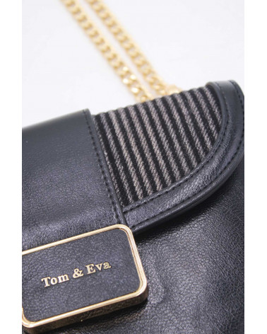 Sac Tom & Eva noir et tissu ton sur ton avec chaîne dorée
