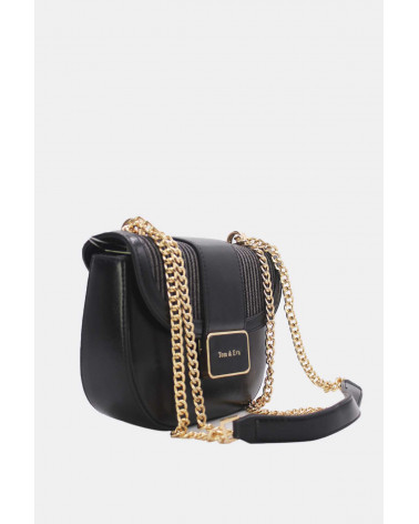 Sac Tom & Eva noir et tissu ton sur ton avec chaîne dorée