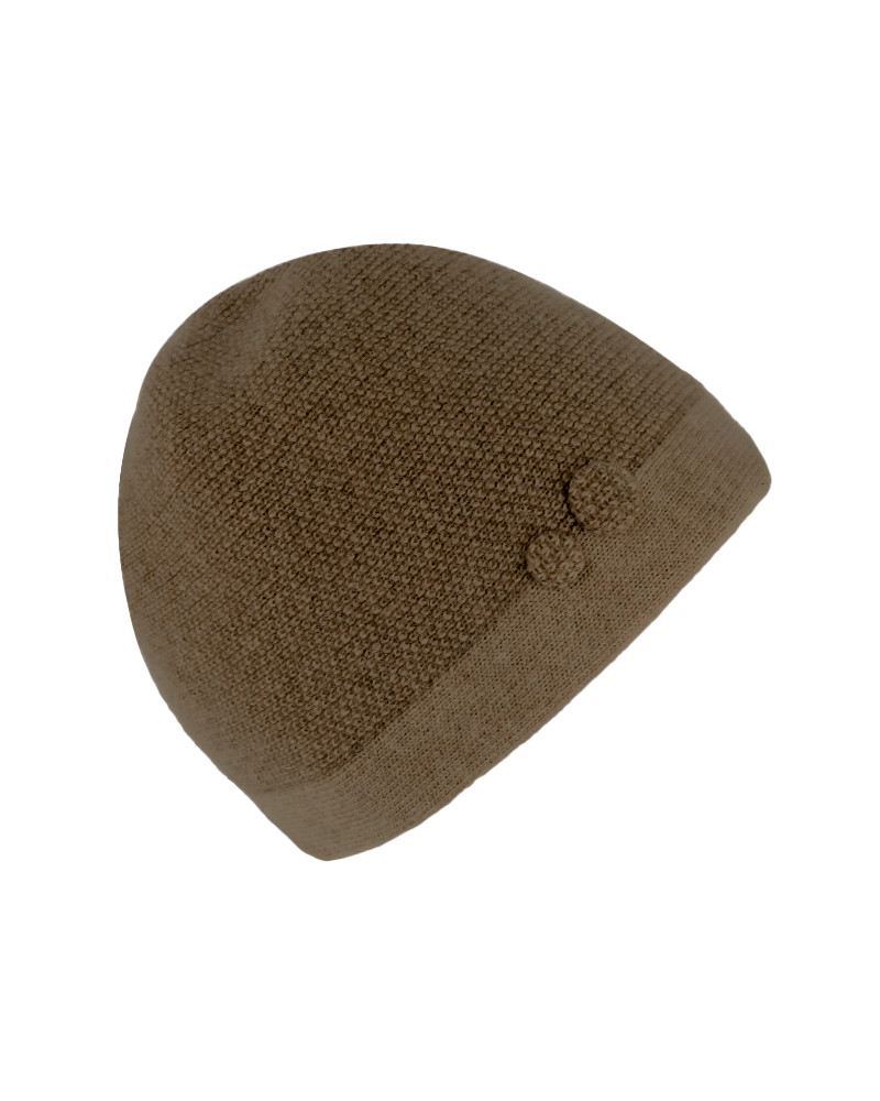 Bonnet tricoté en laine mélangée avec boutons décoratifs brun