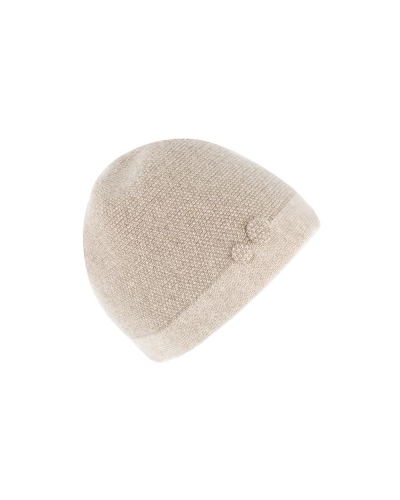 Bonnet tricoté en laine mélangée avec boutons décoratifs beige