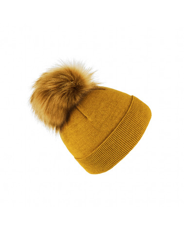 Bonnet femme curry en laine avec pompon fausse fourrure – Chapo & Co