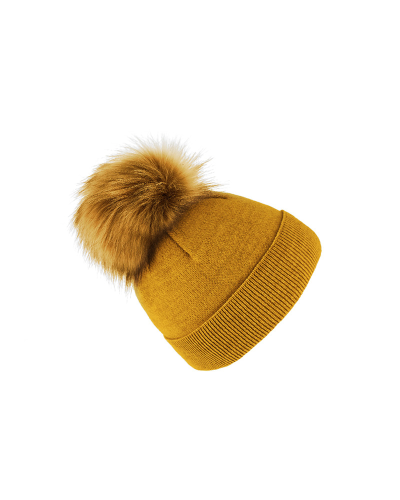 Bonnet femme curry en laine avec pompon fausse fourrure – Chapo & Co