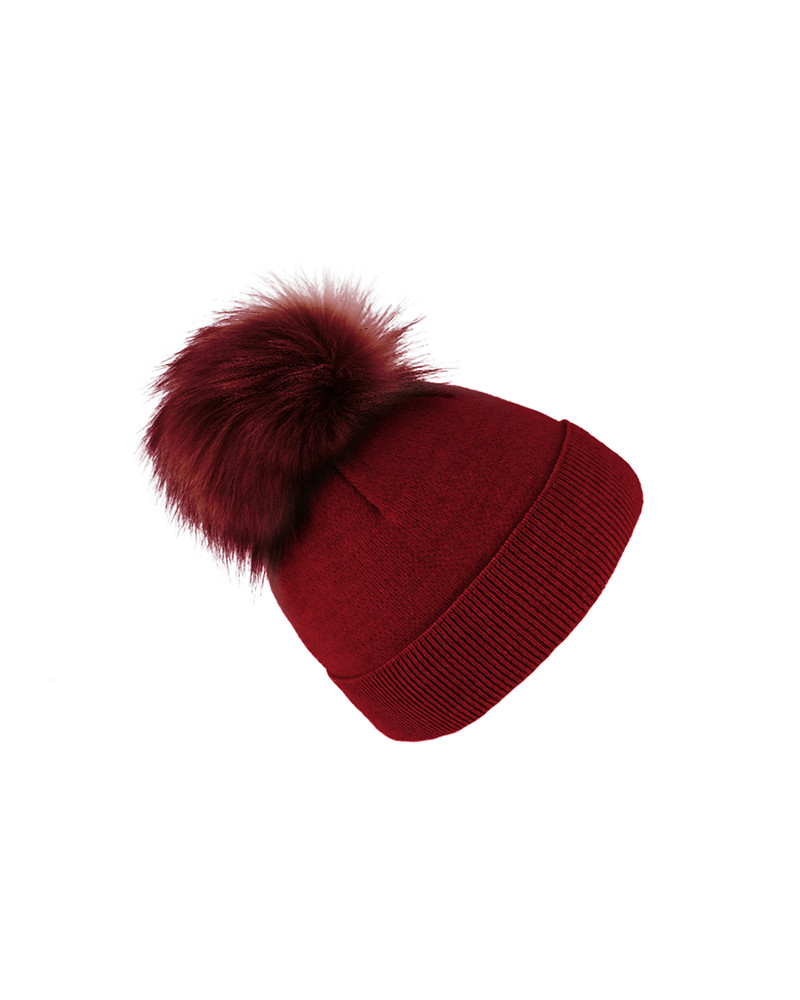Bonnet femme bordeaux en laine avec pompon fausse fourrure – Chapo & Co