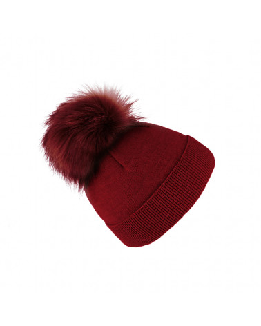 Bonnet femme bordeaux en laine avec pompon fausse fourrure – Chapo & Co