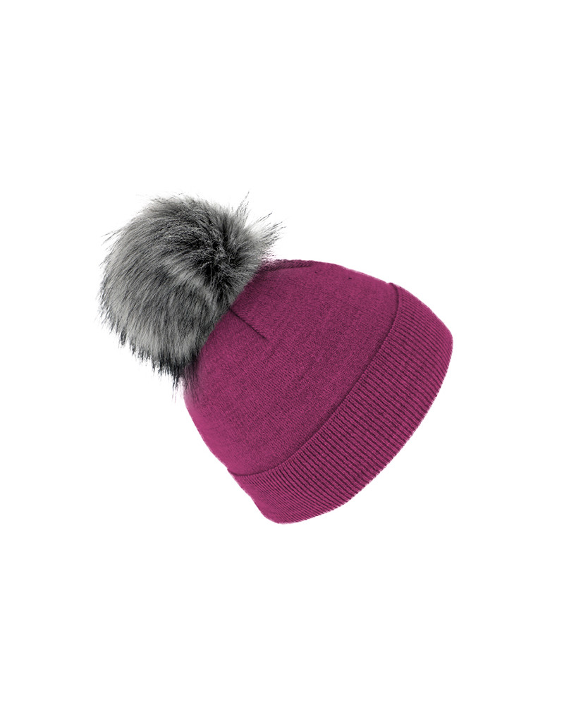 Bonnet femme fuchsia en laine avec pompon fausse fourrure – Chapo & Co