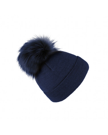 Bonnet femme Bleu marine en laine avec pompon fausse fourrure – Chapo & Co