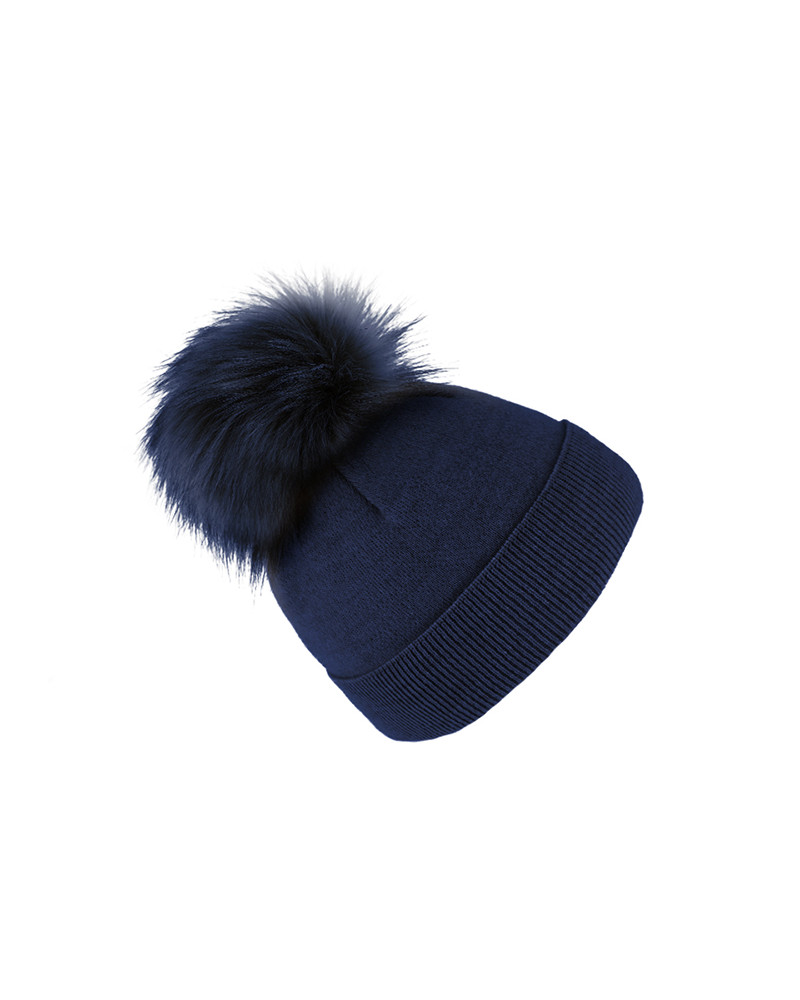 Bonnet femme Bleu marine en laine avec pompon fausse fourrure – Chapo & Co