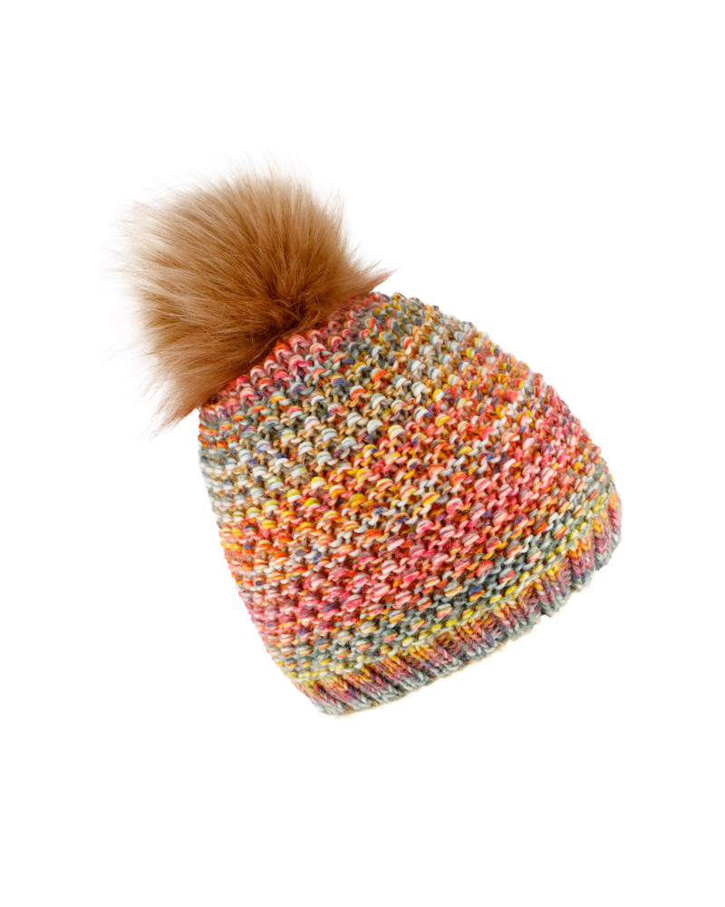 Bonnet tricot mousse avec pompon fourrure synthétique Magenta