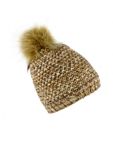 Bonnet tricot mousse avec pompon fourrure synthétique beige