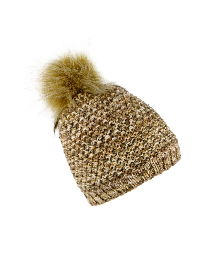 Bonnet tricot mousse avec pompon fourrure synthétique beige