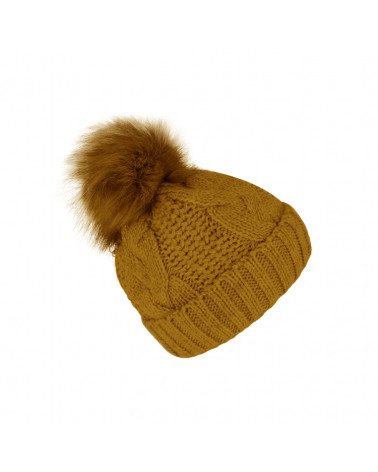Bonnet tricot à torsades avec pompon fourrure synthétique Curry