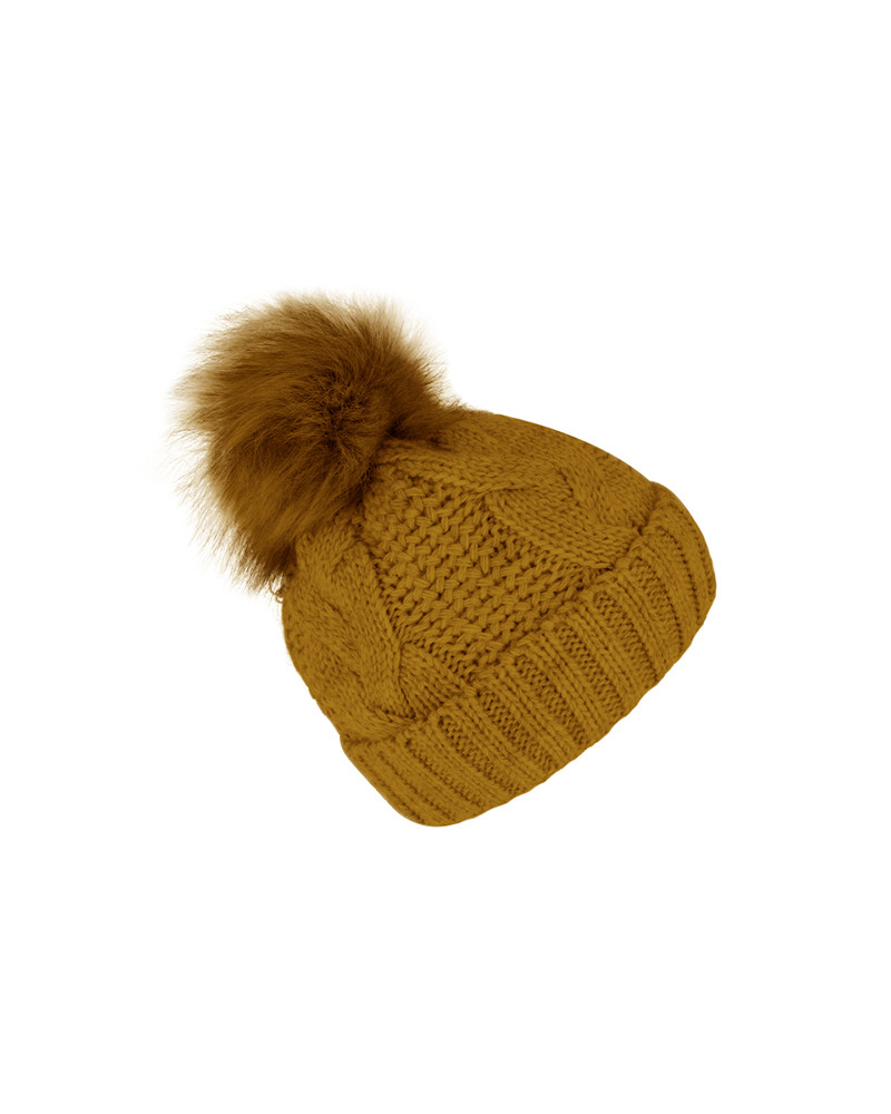 Bonnet tricot à torsades avec pompon fourrure synthétique Curry