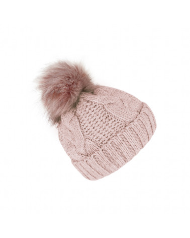 Bonnet tricot rose à torsades avec pompon fourrure synthétique