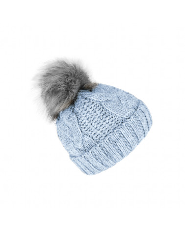 Bonnet tricot bleu ciel à torsades avec pompon fourrure synthétique