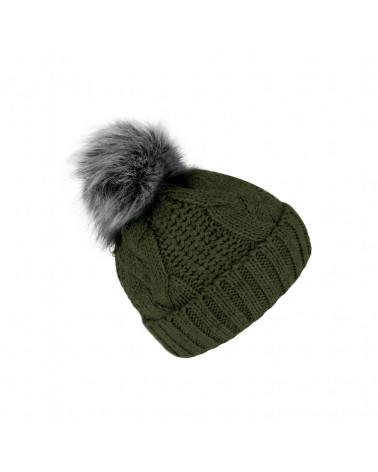 Bonnet tricot vert olive à torsades avec pompon fourrure synthétique