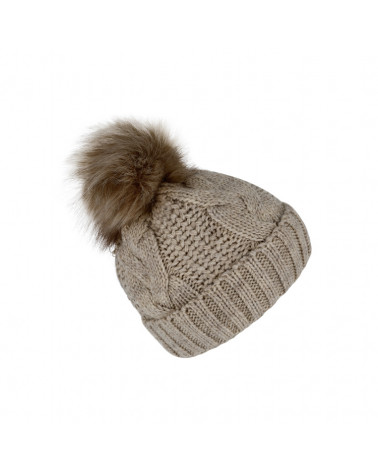 Bonnet tricot taupe à torsades avec pompon fourrure synthétique