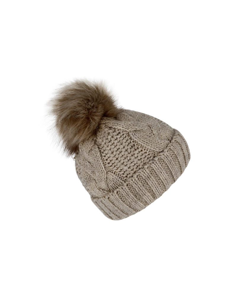 Bonnet tricot taupe à torsades avec pompon fourrure synthétique