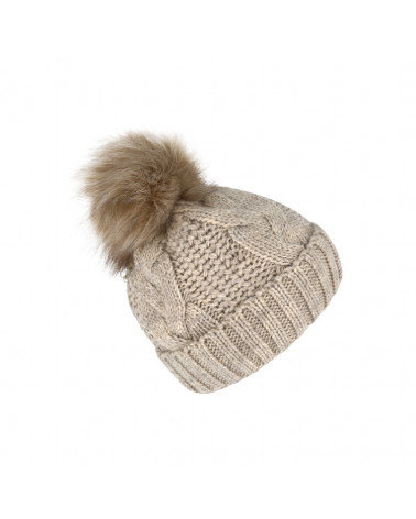 Bonnet tricot beige à torsades avec pompon fourrure synthétique