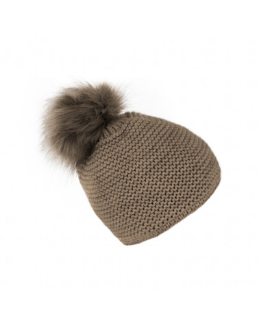 Bonnet doublé point mousse avec pompon fourrure coloris taupe