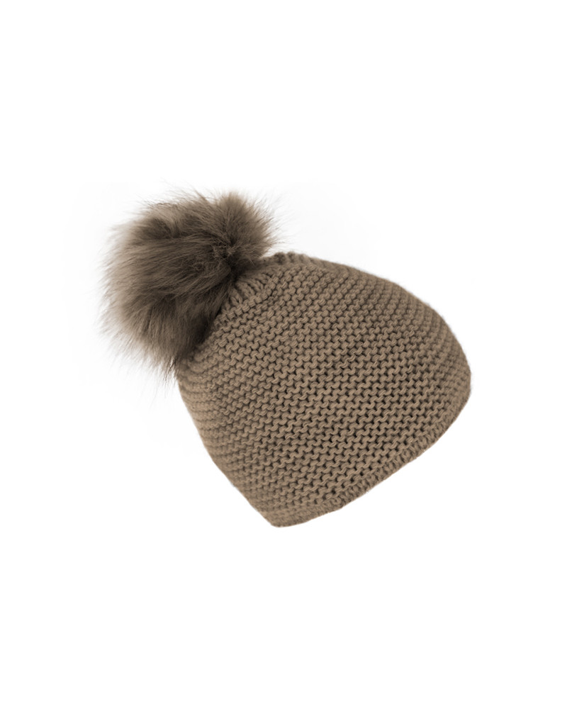 Bonnet doublé point mousse avec pompon fourrure coloris taupe