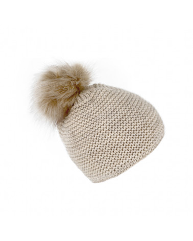 Bonnet doublé point mousse avec pompon fourrure coloris beige