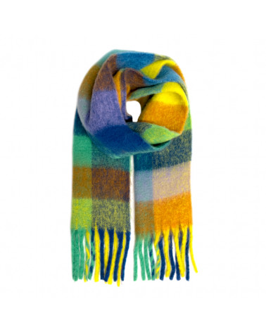 Écharpe façon plaid multicolore bleu à franges – Chaude & tendance