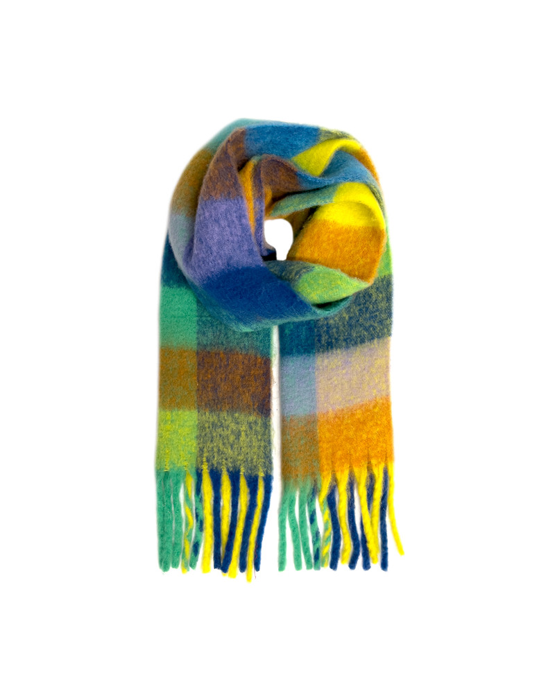 Écharpe façon plaid multicolore bleu à franges – Chaude & tendance