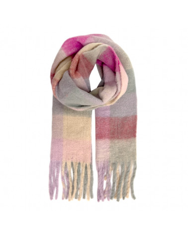 Écharpe façon plaid multicolore rose à franges – Chaude & tendance
