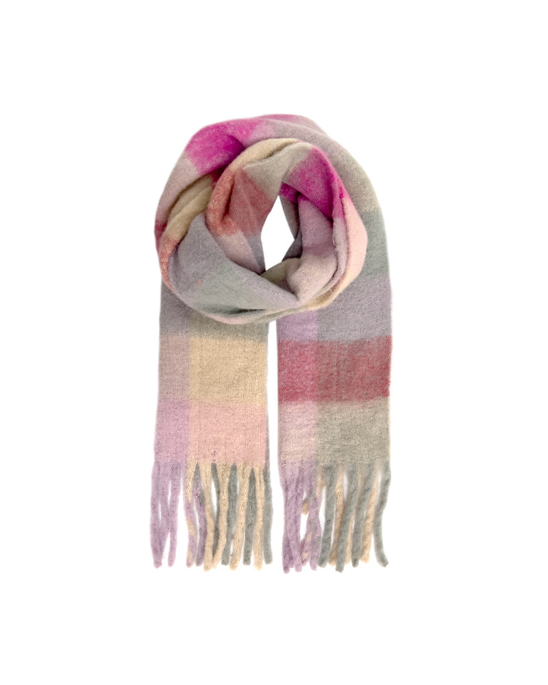 Écharpe façon plaid multicolore rose à franges – Chaude & tendance
