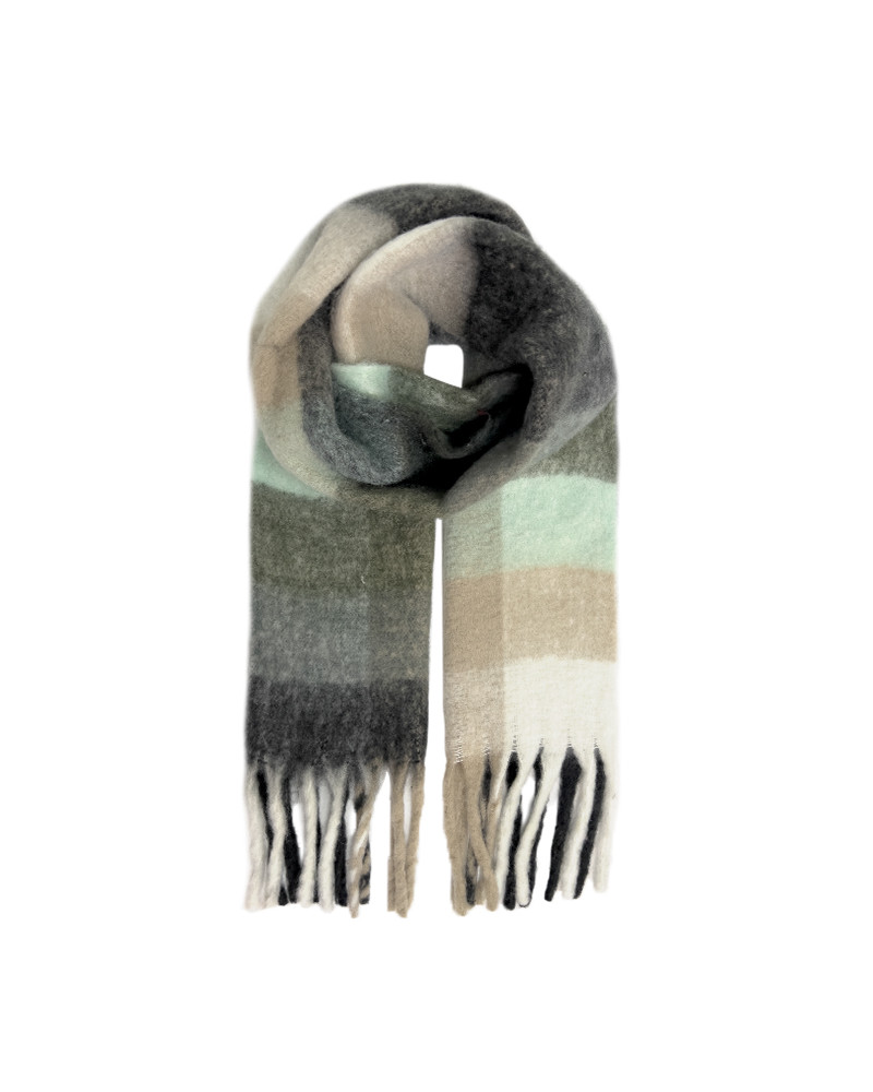 Écharpe façon plaid multicolore gris à franges – Chaude & tendance