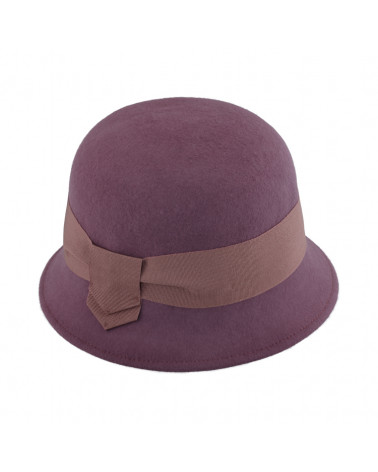 Chapeau cloche bicolore en feutre de laine mauve ruban velours