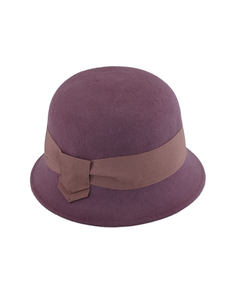 Chapeau cloche bicolore en feutre de laine mauve ruban velours