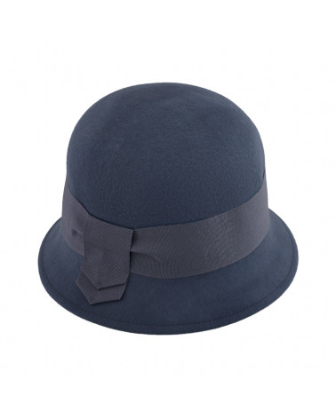 Chapeau cloche bicolore en feutre de laine bleu gris ruban velours